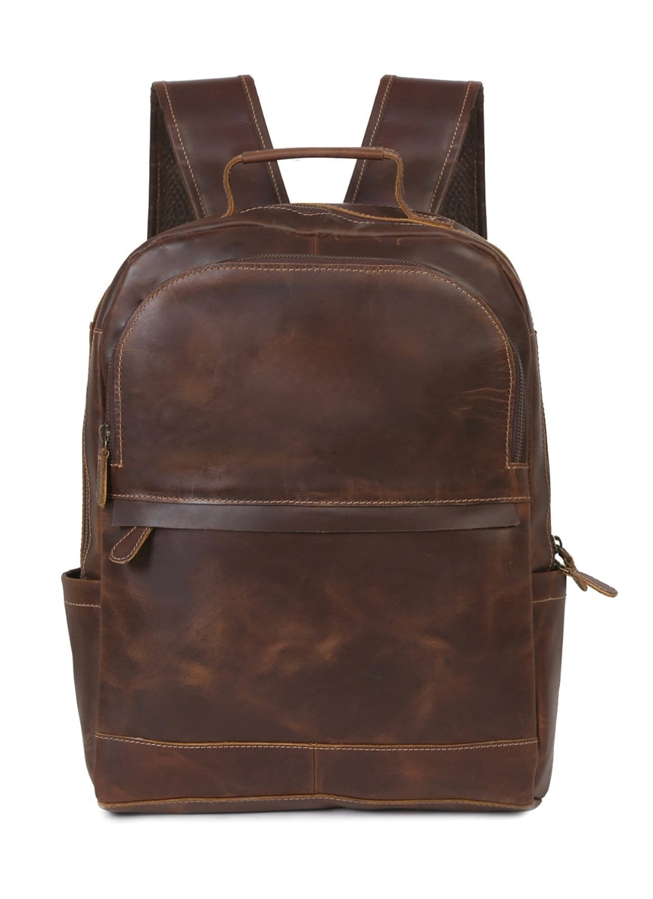 Unisex Genuine Leather Brown Solid Backpack